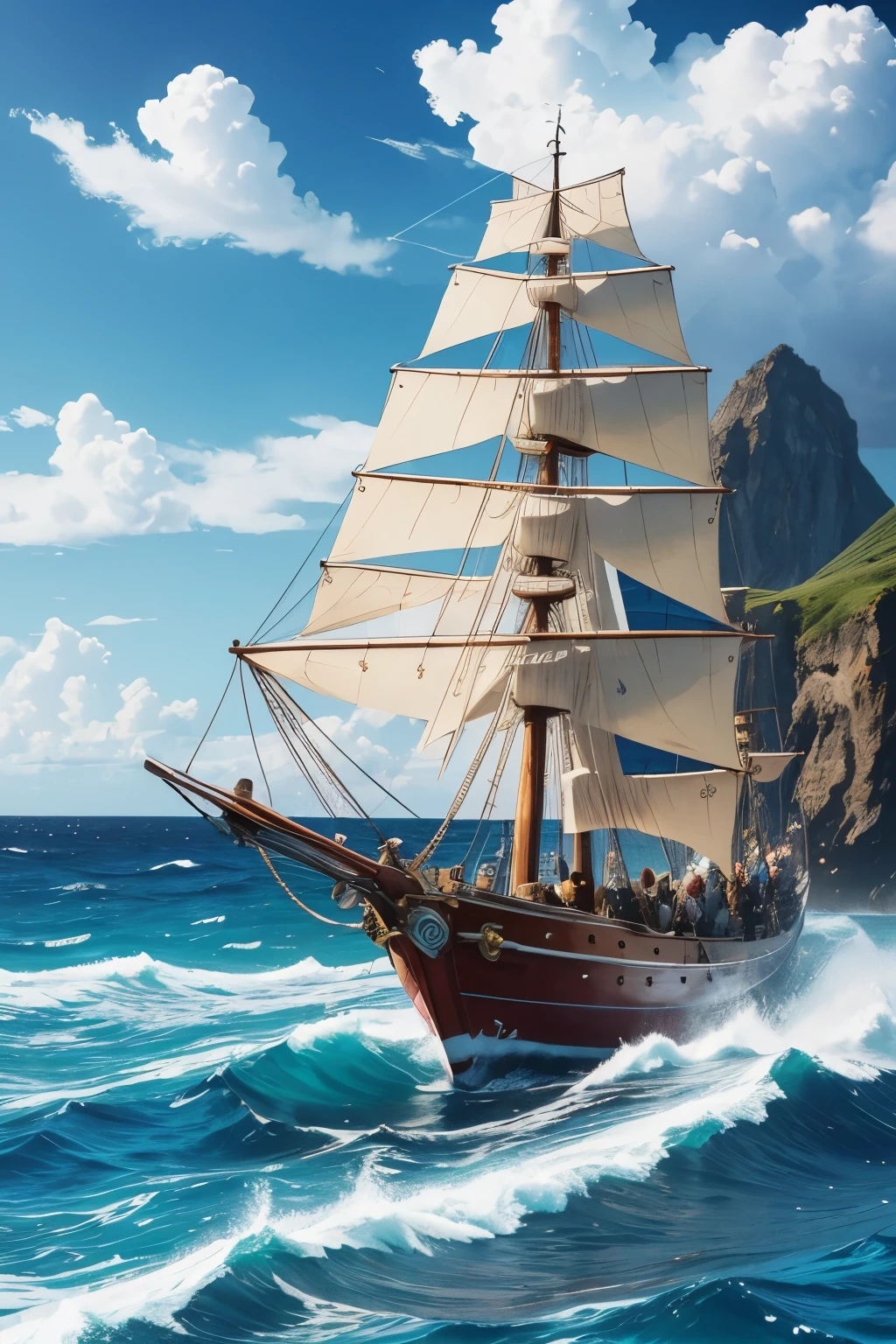 "An epic image that depicts all of the straw hat members of Luffy's Crew gathered together in a vibrant setting. Each hat has its own unique style and is positioned in a way to highlight the personality of each crew member. Luffy's hat, with the red band and straw mark, it is the central highlight, symbolizing leadership. The hats of the other members, such as Zoro, Nami, Usopp, Sanji, Chopper, Robin, Franky and Brook, are arranged around, each with a details that reflect their individual characteristics and abilities. The background is a dynamic seascape with blue sea and white clouds, evoking adventure and freedom. "