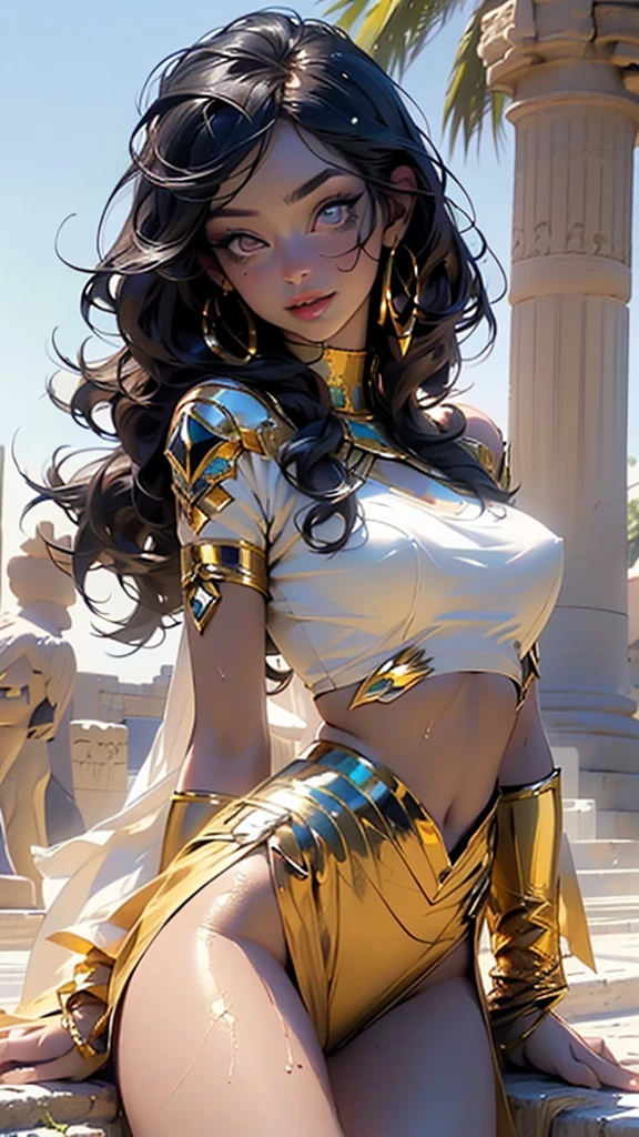 woman from ancient Egypt,1female,((milf,mom,mature,mature woman,45 years old female,adult)),

(large breasts:1.5),saggy breasts,(((black hair:1.4,straight hair,long hair:1.4,colored inner hair))),(((gold_eyes:1.3))),intricate eyes,beautiful detailed eyes,symmetrical eyes,((((dark skin:1.4,lustrous skin:1.5,bright skin: 1.5,skin tanned,shiny skin,very shiny skin,shiny body)))),(spider lower abdomen,narrow waist,wide hip,bimbo body,inflated legs,thick thighs),(((detailed face))),beautiful detailed lips,

(cute,slutty,sensual,seductive look,seductive,((erotic)),opulent,sumptuous,(((nsfw)))),

((egyptian priestess clothes)),revealing clothing,show skin,cleavage,(barefoot,),silk white clothes: 1.3,((white silk:1.3)),((eyeshadow,egyptian makeup,eyelid makeup,gold lips,gold lipstick)),(((Transparent cloth,wet clothes,intricate outfit,intricate clothes,))),

dynamic and seductive pose,looking at viewer,(smirk,beautiful smile),centered,scale to fit dimensions,Rule of thirds,

outdoors,pillars,((pillars background,egyptian palace,egyptian palace background,pyramids in the background)),scenery,extremely scenery,(puddles everywhere,moss,moss on the background), Egypt style,Egypt castle,lily pads,palms,(sunset, golden hour),

(Glossy Egyptian ornaments),highres,sharp focus,(ultra detailed,extremely detailed),(photorealistic artwork:1.37),(extremely detailed CG unity 8k wallpaper),(((vibrant colors,vibrant theme))),(intricate),(masterpiece),(best quality),artistic photography,(photography taken by sldr),(intricate background),perfect rendered face,perfect face details,realistic face,photo realistic,((intricate detail)),(((realism))),
