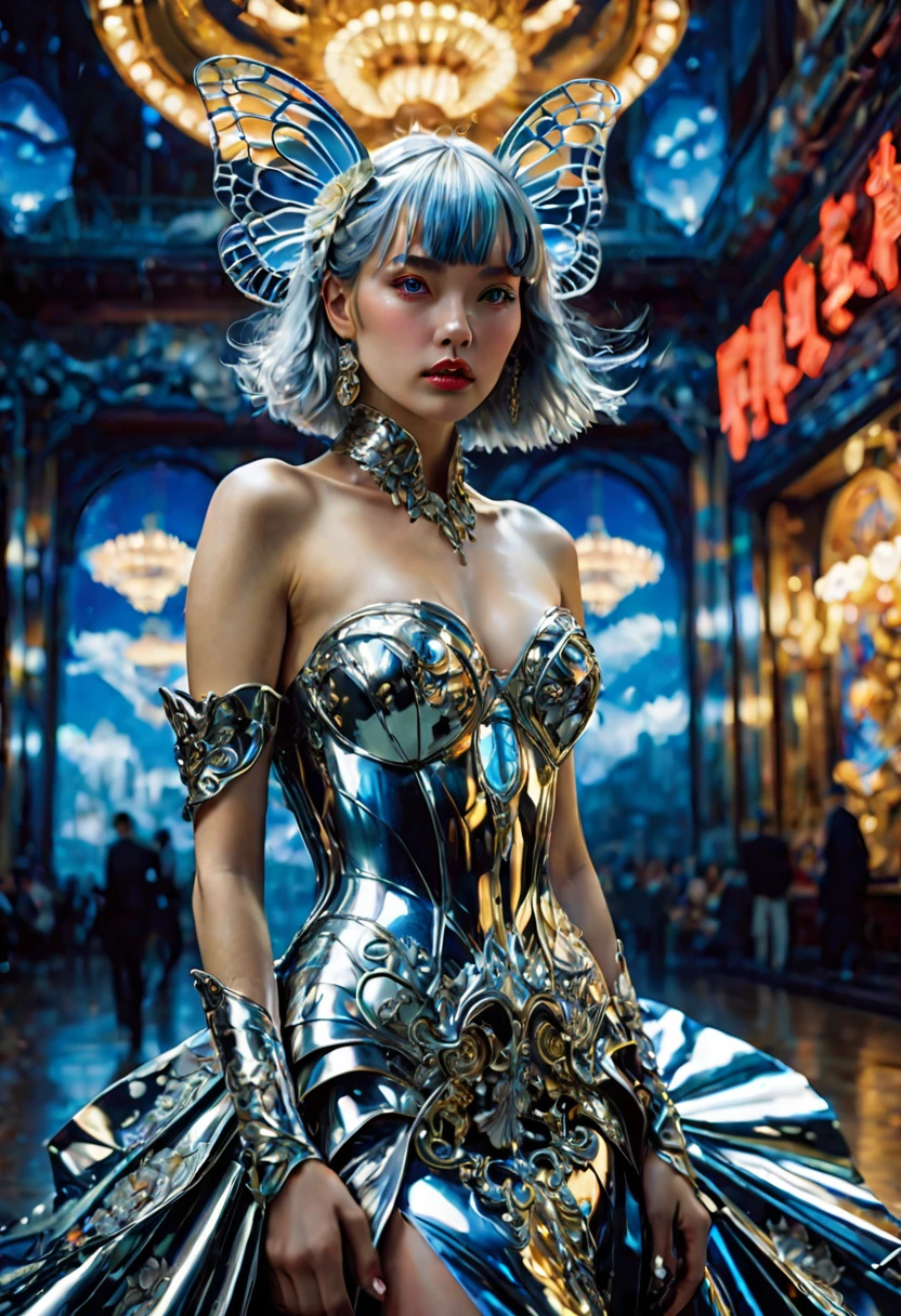 Evening Dress, theater, by hajime sorayama and Miles Aldridge, 35mm photograph, bokeh, best quality, masterpiece, very aesthetic, perfect composition, intricate details, ultra-detailed