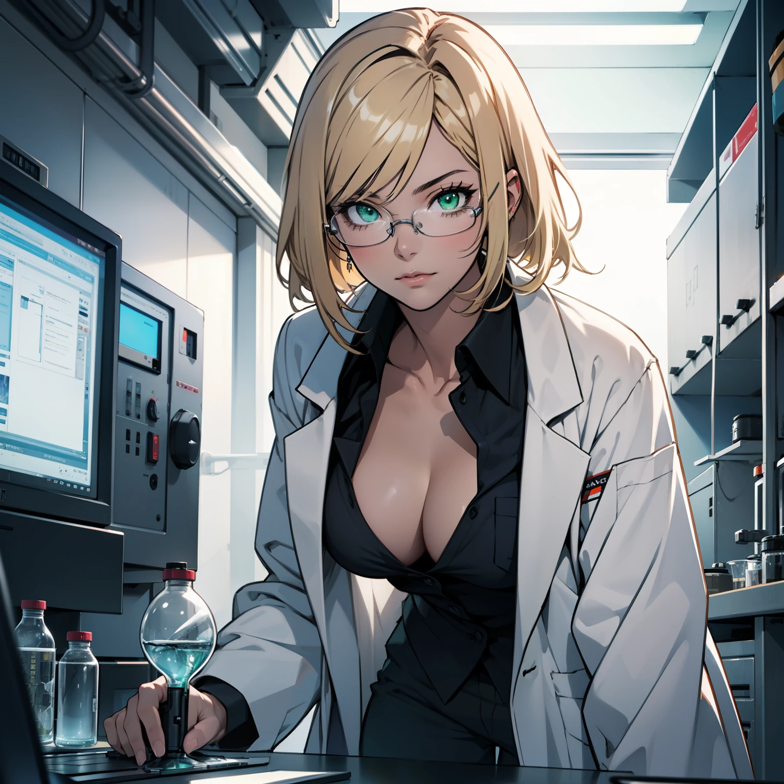 lab, young female, scientist, lab coat, blonde hair, call, futuristic, anime, ray tracing, ultra hd, masterpiece, high resolution, tech, single, glasses, green eyes, cleavage