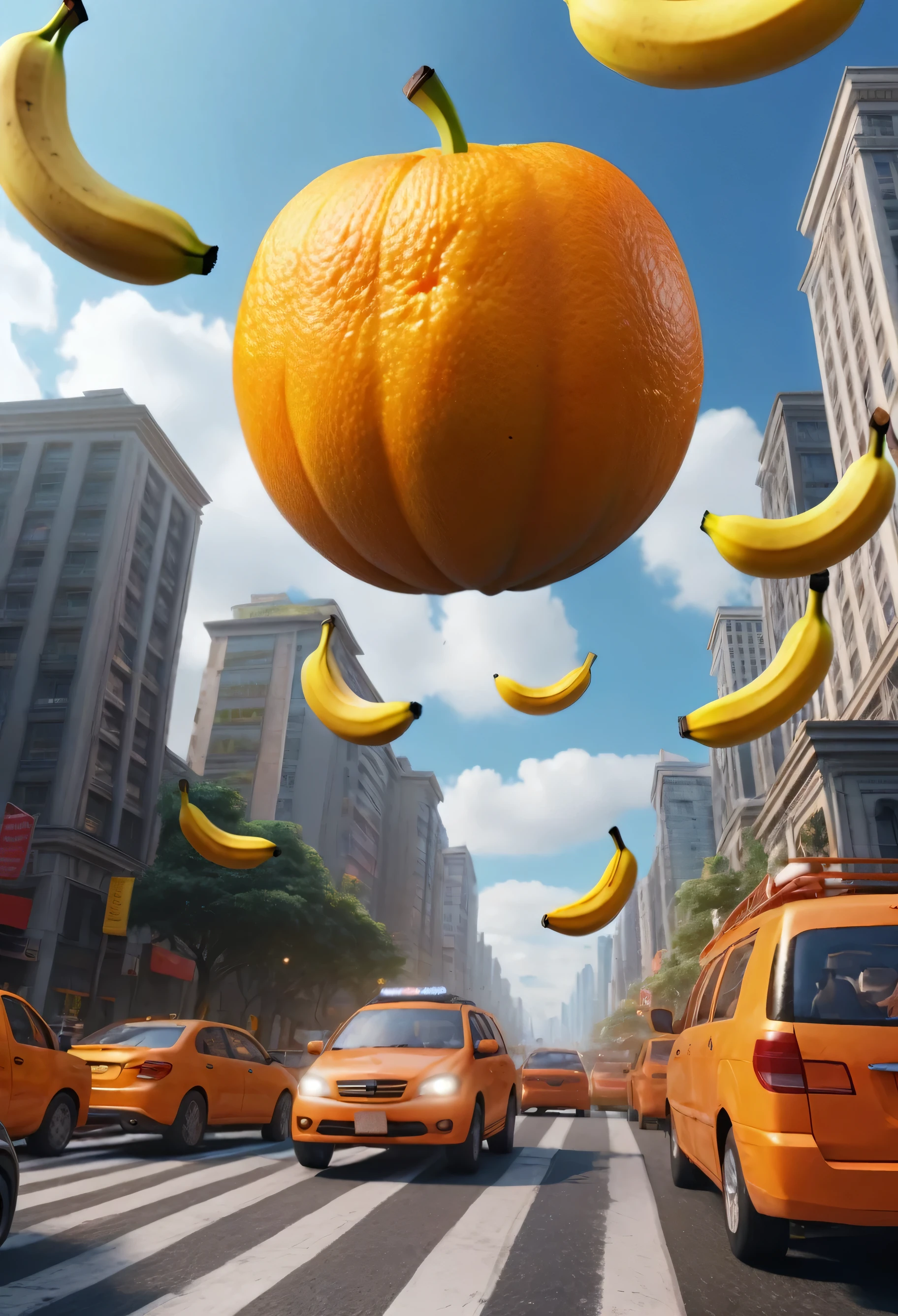 Fantasy, horror Fantasy, People who are scared々Giant orange fruits and bananas flying over a city full of them, Sidewalk Perspective, UHD 8K Ultra-realistic and exquisite detail