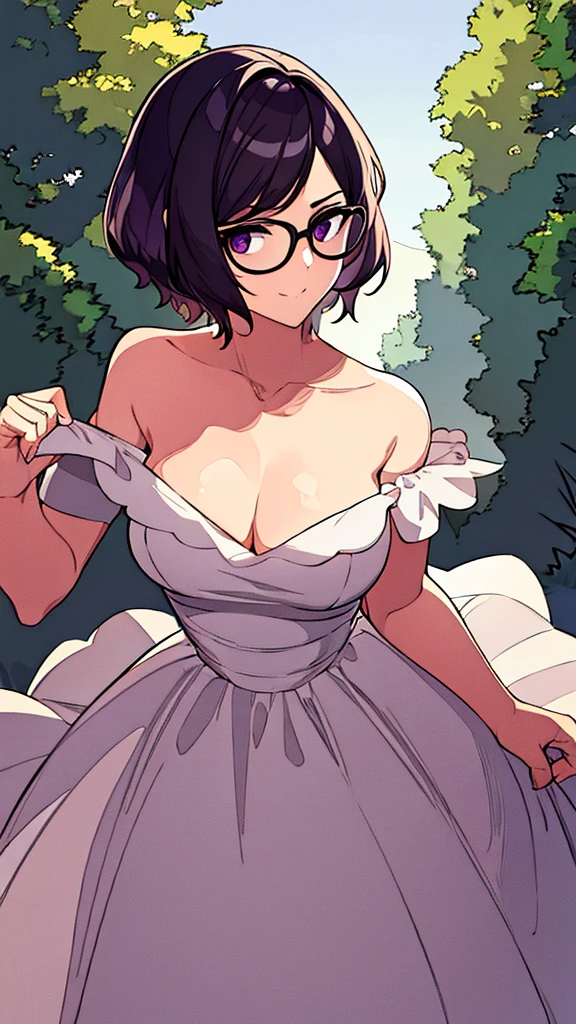 Girl with dark purple short hair, wearing round glasses and a wedding dress
