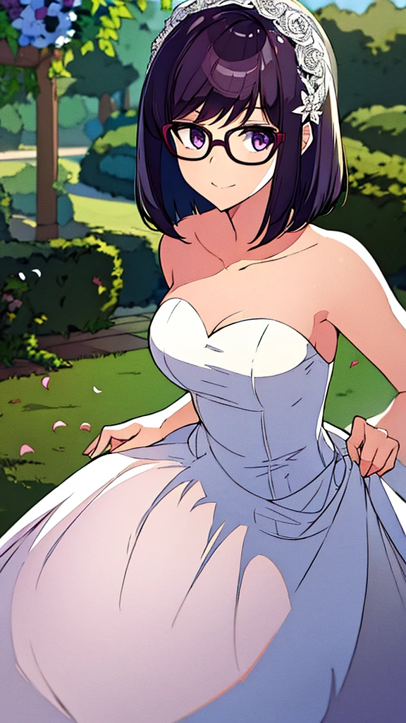 Girl with dark purple short hair, wearing round glasses and a wedding dress