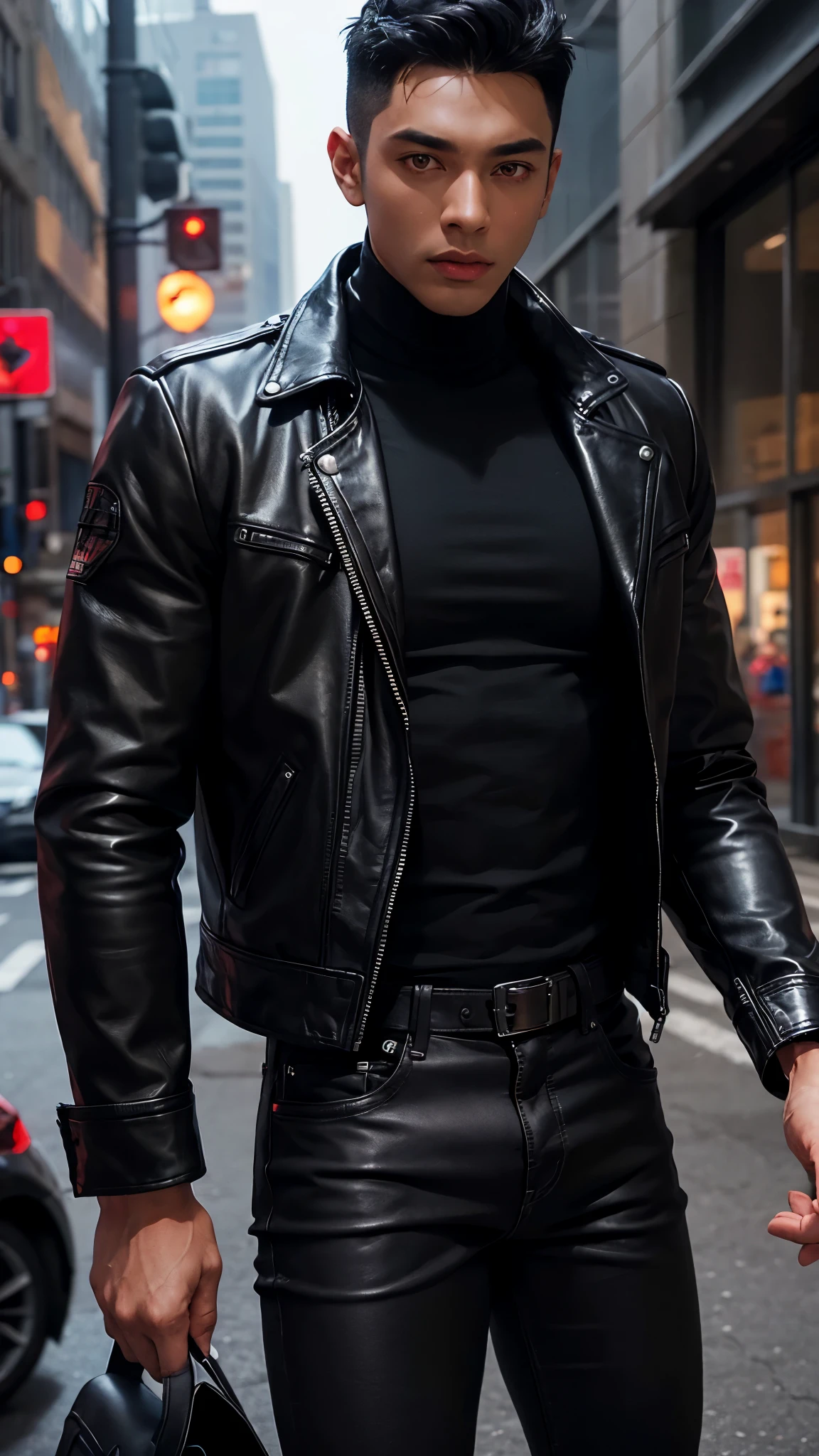 1boy, detailed face, detailed eyes, dark-skinned male, black hair, wolfcut hair, red eyes, black jacket, leather jacket, black turtleneck, black jeans, muscular male, outdoors, city, night, dick out, dick dark skinned