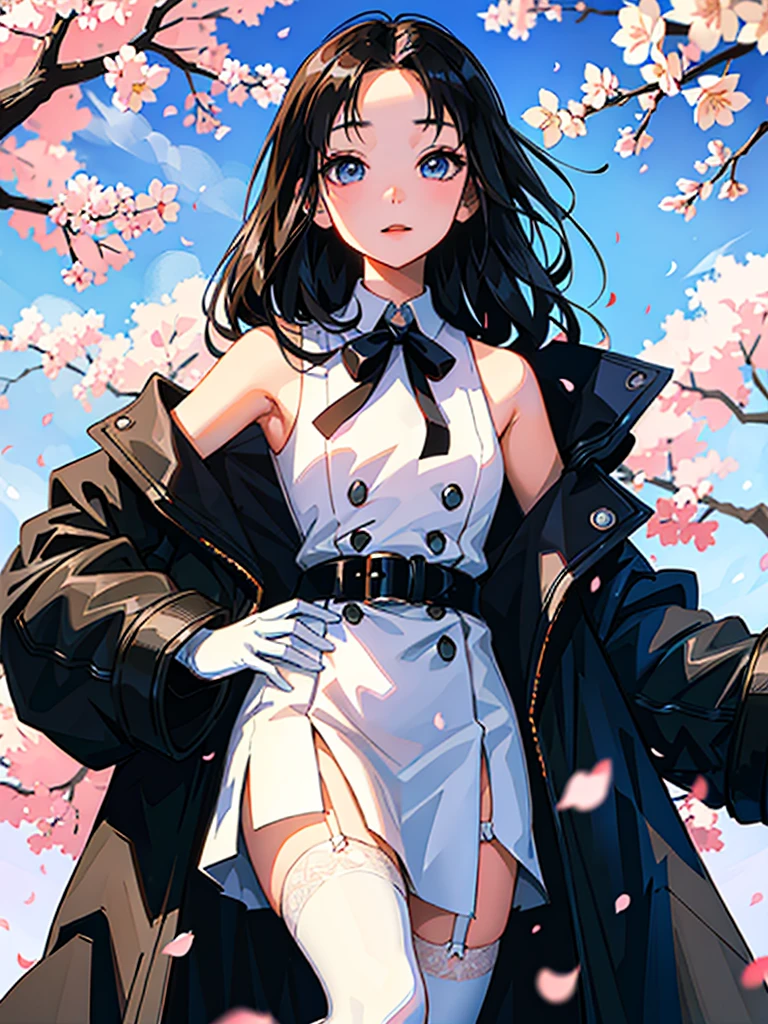 ((highest quality、masterpiece、shining eyes、detailed))、1 cute girl、beautiful face、pop background、beautiful anime、1girl、young girl、 solo、long hair、cute bangs、 (forehead:1.2)、Lilac eyes、(black hair)、 athletic、neutral、 (overcoat、black coat、 open coat:1.2)、yellow shirt、 collared shirt、 (chest harness、 shoulder strap:1.15)、 black leather Pants、garter belt、gloves、from below、elegant、 looking at viewer、standing、Isometric light、 (close-up to face:1.3)、4k
street、sky、cherry blossoms、 petals、illustration、(magazine:1.3)、(cover-style:1.3)、 fashionable、woman、vibrant、outfit、posing、 front、colorful、dynamic、background、 elements、confident、expression、holding、 statement、accessory、majestic、coiled、around、touch、scene、text、cover、bold、 attention-grabbing、title、stylish、font、catchy、 headline、larger、striking、modern、 trendy、focus、fashion.