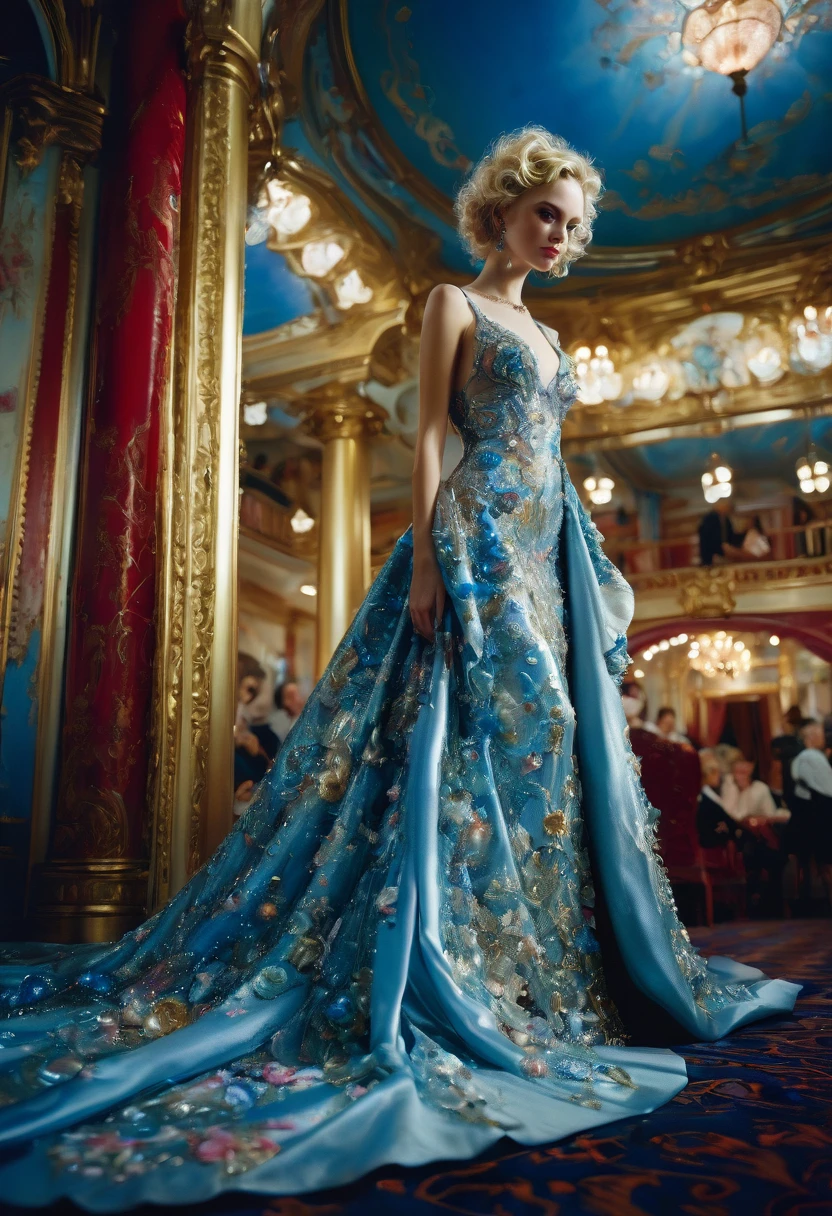 Evening Dress, theater, by Greg Manchess and Miles Aldridge, 35mm photograph, bokeh, best quality, masterpiece, very aesthetic, perfect composition, intricate details, ultra-detailed