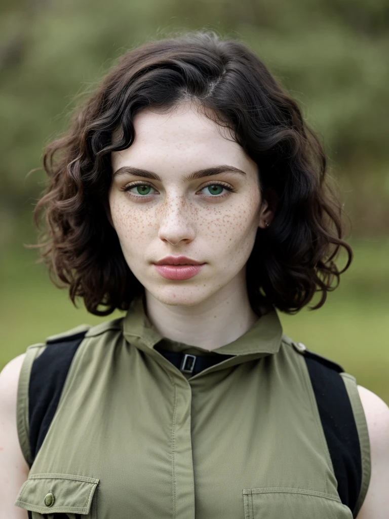1womanl, curly black hair, light green eyes, freckles, pretty, pale skin, He would be, Italian, aparencia He would be e madura, soldier, automatic weapon, karo