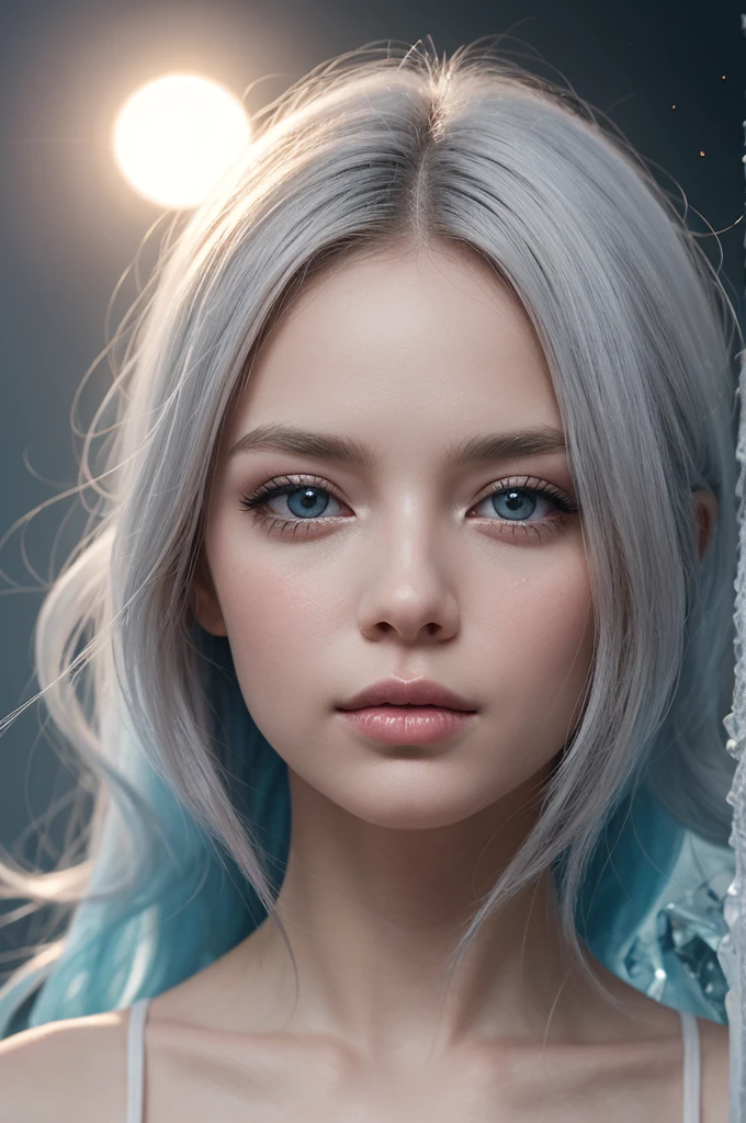 Create a full-frontal portrait of a whimsical, colorful woman reminiscent of the Moon Goddess. skin fair, young and delicate features, eyes wide open and with a very refined nose. long hair, Glossy, gravity-defying white in shades of light gray, white and azure. Hair turns into small shards of ice, creating a glacial illusion.