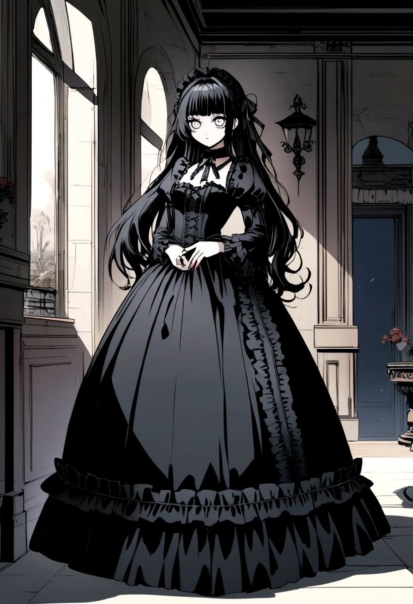 anime, Goth Girl, Emo Girl, Long Hair, Lolita Hair, Goth Dress, Black Dress, Vitorian Dress, White eyes, Goth Art Style, In a mansion, Two maids behind,