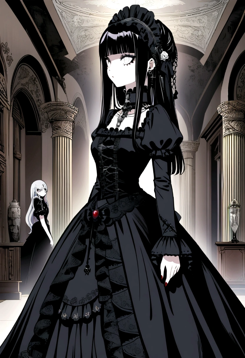anime, Goth Girl, Emo Girl, Long Hair, Lolita Hair, Goth Dress, Black Dress, Vitorian Dress, White eyes, Goth Art Style, In a mansion, Two maids behind,