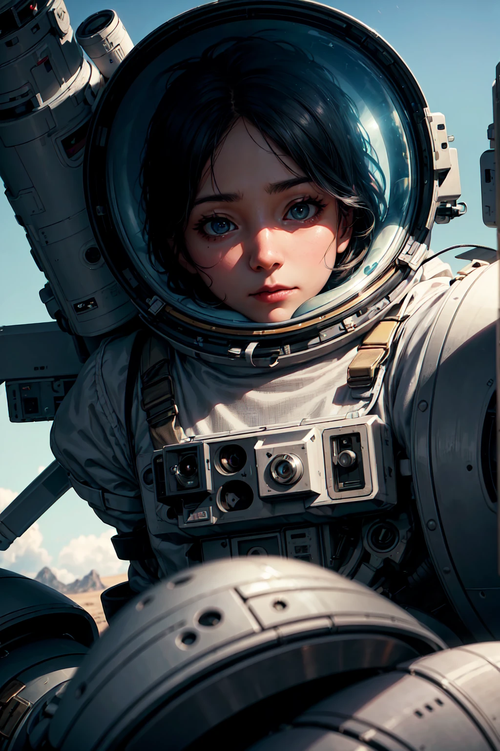 a female astronaut floating in space, detailed extravehicular activity spacesuit, Groin, realistic photograph, (portrait), [smoke], [fog], natural lighting, shallow depth of field, photographed with Canon EOS-1D X Mark III, 50mm lens, f/2.8, (meticulously crafted, hyper-detailed), ((RAW color)), sharp focus, high resolution, 4K resolution, cinematic.