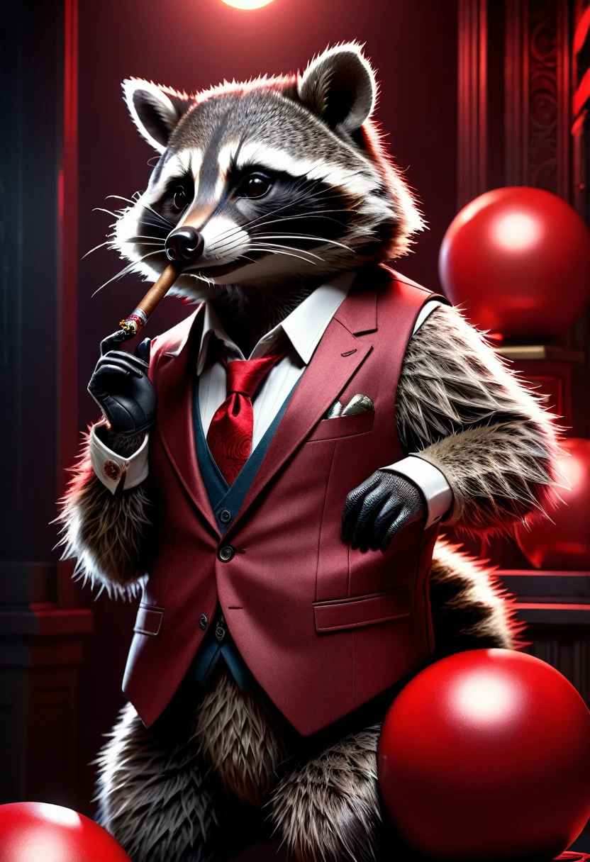 Raccoon with a cigar in his fingers that he is smoking, standing in his space leaning casually on a large red ball that is as big as hon, dark gloomy Resident Evil background, detailed realistic raccoon, detailed photorealistic raccoon, very detailed, 8k, hyperrealistic, Cinematic lighting, dramatic lighting, mood lighting, dark, intricate details, award-winning photography, stunning visual effects