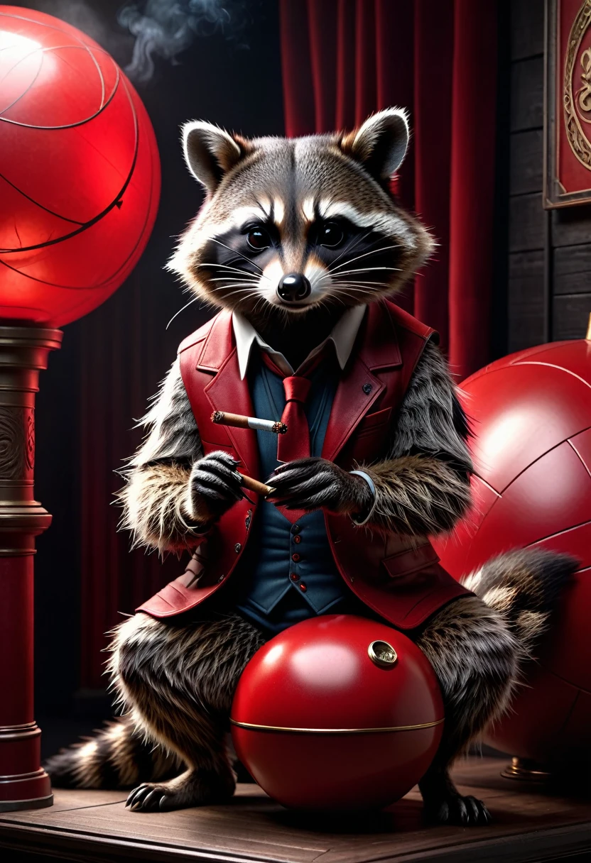 Raccoon with a cigar in his fingers that he is smoking, standing in his space leaning casually on a large red ball that is as big as hon, dark gloomy Resident Evil background, detailed realistic raccoon, detailed photorealistic raccoon, very detailed, 8k, hyperrealistic, Cinematic lighting, dramatic lighting, mood lighting, dark, intricate details, award-winning photography, stunning visual effects