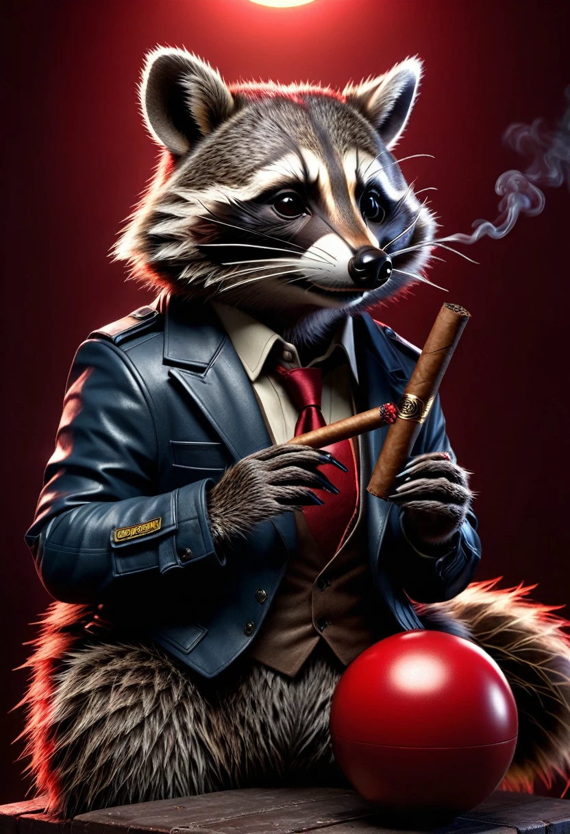 Raccoon with a cigar in his fingers that he is smoking, standing in his space leaning casually on a large red ball that is as big as hon, dark gloomy Resident Evil background, detailed realistic raccoon, detailed photorealistic raccoon, very detailed, 8k, hyperrealistic, Cinematic lighting, dramatic lighting, mood lighting, dark, intricate details, award-winning photography, stunning visual effects