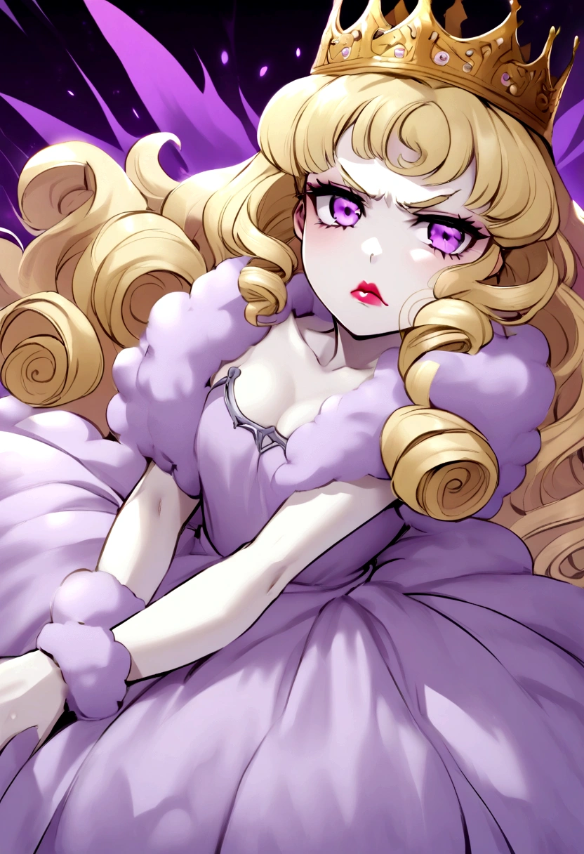 A curly blonde young woman, pale skin with violet eyes and reddish lips, wearing a lilac, fluffy princess dress, with a crown, with an annoyed expression, in an erotic pose