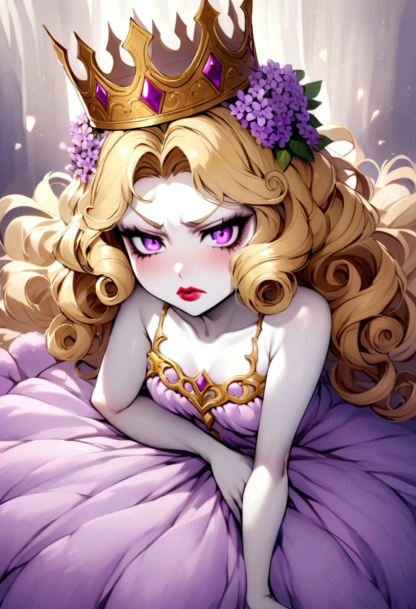 A curly blonde young woman, pale skin with violet eyes and reddish lips, wearing a lilac, fluffy princess dress, with a crown, with an annoyed expression, in an erotic pose