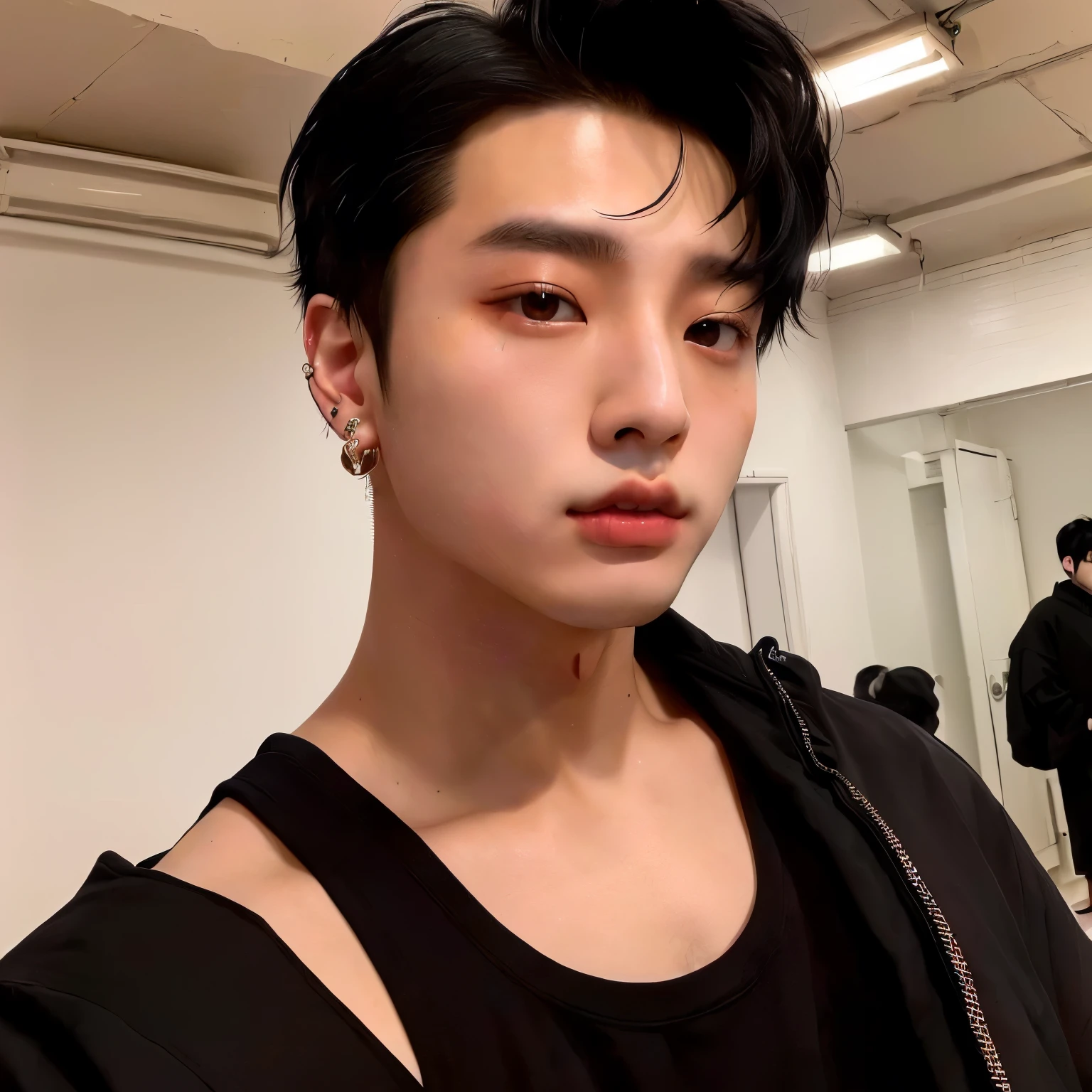 puffy Asian woman with black hair and piercings in a room, Jungkook, cai xukun, Jinyoung Shin, Tae June Kim, hyung tae, Hong Jun Hyung, south korean man, Ulzzang spacious, hyung tae kim, Seseon Yoon, adorable and pale korean face, jaeyeon nam, boy has short black hair, Wonbin Lee