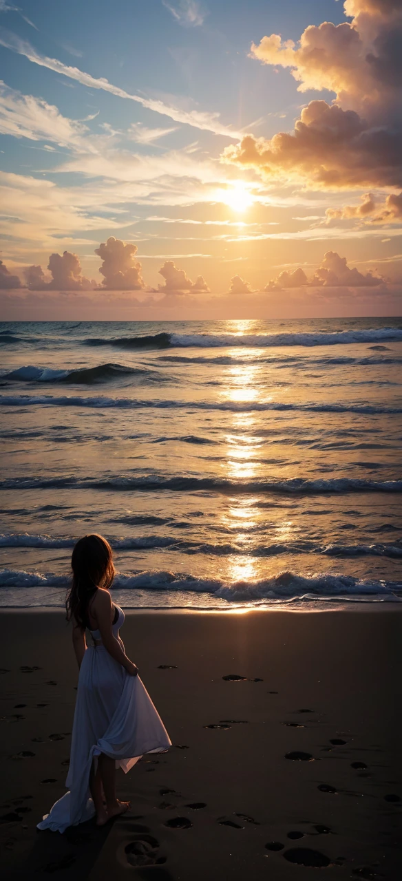 Masterpiece, Best Quality, High Resolution, 1girl, Super High Resolution, wallpaper of a sunset on beach