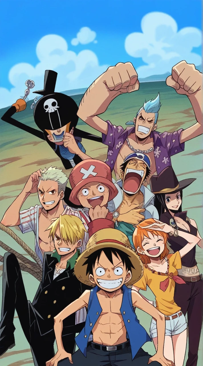 "An epic image that depicts all of the straw hat members of Luffy's Crew gathered together in a vibrant setting. Each hat has its own unique style and is positioned in a way to highlight the personality of each crew member. Luffy's hat, with the red band and straw mark, it is the central highlight, symbolizing leadership. The hats of the other members, such as Zoro, Nami, Usopp, Sanji, Chopper, Robin, Franky and Brook, are arranged around, each with a details that reflect their individual characteristics and abilities. The background is a dynamic seascape with blue sea and white clouds, evoking adventure and freedom. "