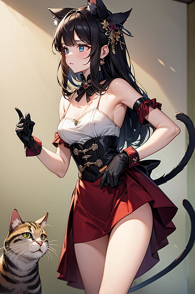 masterpiece, Highest quality, High resolution, mi1, Tail ornament, Tail Bow, gloves, Cat&#39;s Tail, Jingle bell, red gloves, Tail Bell, choker, Removable sleeves, Magical girl, Pink Dress, Strapless, Cowboy Shot, Outdoor, Are standing