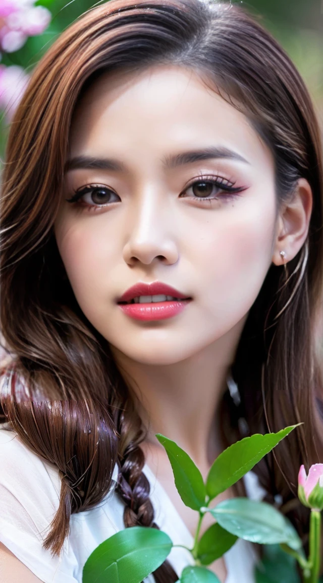 Split ratio : 1,1,1 Basic ratio : (Girl In The Garden:1.25),(Very beautiful face very detailed),(high quality:1.4),(Photorealistic:1.5),(surreal:1.5),(Sharp focus),32k Hyper Resolution,(Vibrant colors),(Dramatic lightning:1.3),Beautiful highly detailed lips,(red_lipstick:1.3),break ((hair is a different color than eye, Dynamic Random Fancy, Professional Hairstyles:1.4)),(Physically based rendering of background flowers:1.3),break beautiful Extremely Detailed eye (Brown_eye:1.3) Digitally rendered close-up of a woman&#39;s eye,break long blue_eyelash:1.17 break (pink_compensate:1.25),break (It rained and I got wet, Raindrops, Wet body :1.2),((Raindrops See-Through T-Shirt,Everything is wet:1.35)),(White T-shirt:1.3),((Firm, normal, full breasts:1.55)),green,Relaxed facial expression,(Dainty Jewelry),Friendly atmosphere,Detailed Background,harmonious colors,Subtle Shadows,Peaceful atmosphere,Gentle Breeze,GreenLush garden,beautiful flower,Delicate features,vibrant eye,Rosy Cheeks,Bright and beautiful smile,Shining white teeth,((Open your mouth:1.3)),(Dark Shot:1.1)