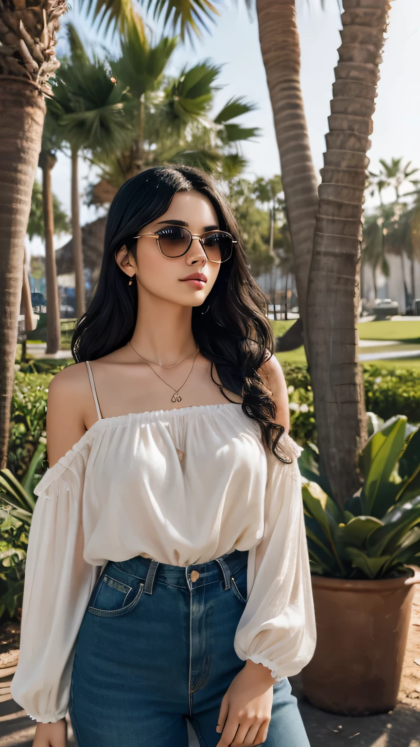 A beautiful teenage girl with fair skin, wavy light black hair, wearing glasses, loose pants, light blouse with a low neckline, sunglasses, standing in a park with palm trees and a kiosk, intricate details, photorealistic, 8k, high quality, masterpiece, beautiful detailed eyes, beautiful detailed lips, extremely detailed face, long eyelashes, soft lighting, cinematic, dramatic composition, vibrant colors