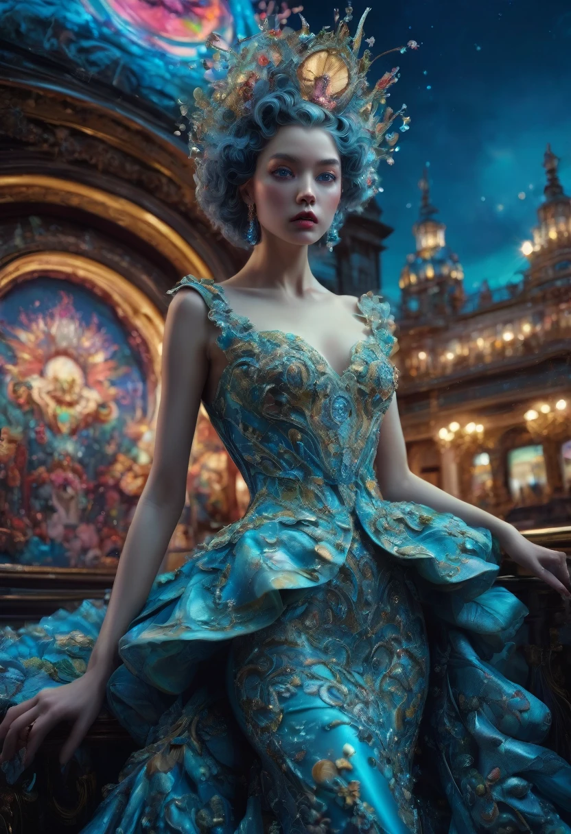 Evening Dress, theater, by Peter Mohrbacher and Miles Aldridge, 35mm photograph, bokeh, best quality, masterpiece, very aesthetic, perfect composition, intricate details, ultra-detailed