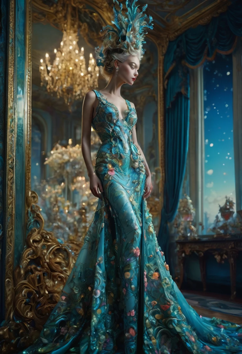 Evening Dress, theater, by Peter Mohrbacher and Miles Aldridge, 35mm photograph, bokeh, best quality, masterpiece, very aesthetic, perfect composition, intricate details, ultra-detailed