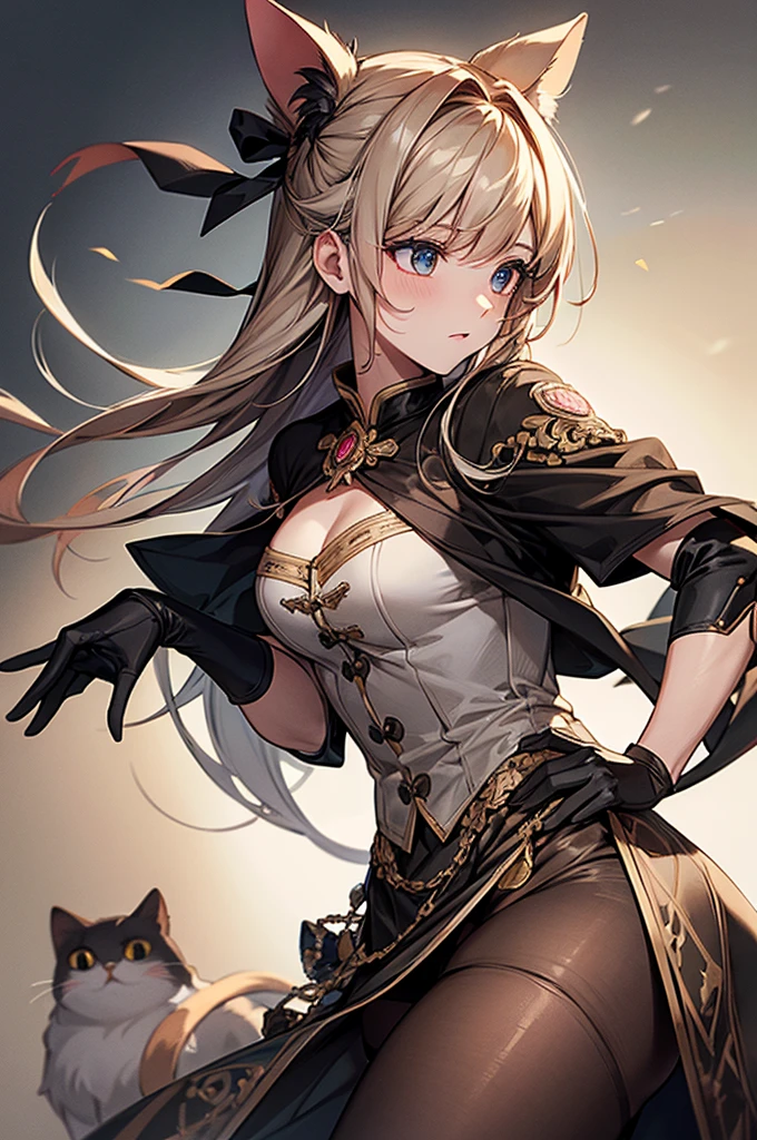 masterpiece, Highest quality, High resolution, mi1, Tail ornament, Tail Bow, gloves, Cat's Tail, Jingle bell, red gloves, Tail Bell, choker, Removable sleeves, Magical girl, Pink Dress, Strapless, Cowboy Shot, Outdoor, Are standing