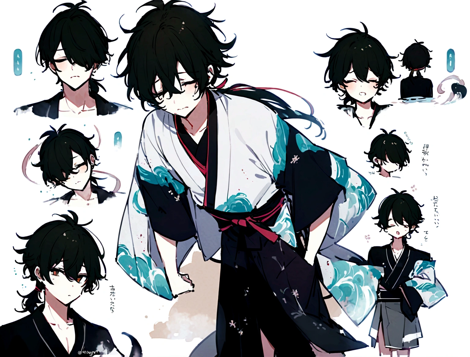 A handsome young man with long brown hair wearing an ancient Japanese robe with a unique design of waves of water and clouds with a slight modern touch,a katana hanging on his waist,the young man has long black hair covering his eyes,his messy hair tied in a ponytail He has a black panters ears and tail his face devoid of emotion