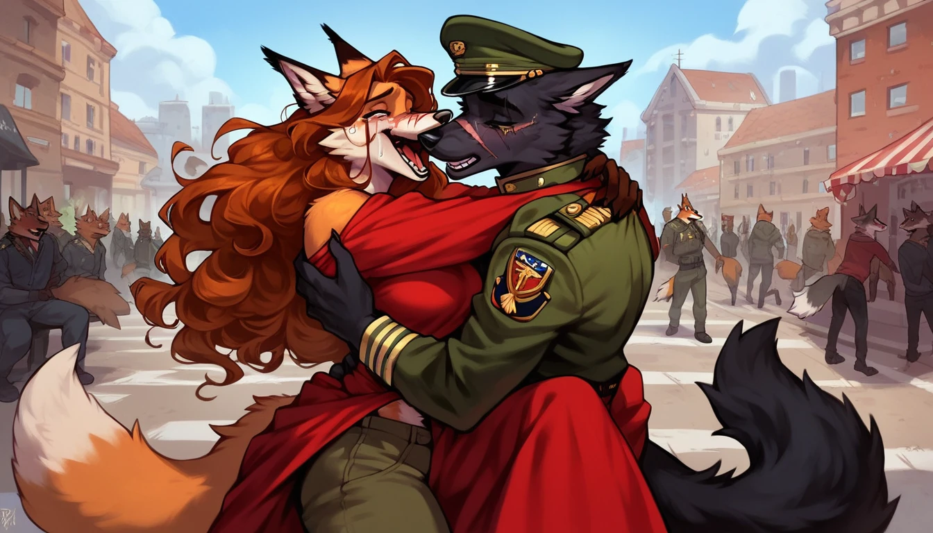 score_9, score_8_up, score_7_up, city, town park square, daytime, crowd on background, sunny, happy, joyful, love, reunion, face to face, (kissing:0.5)
((fox:1.2), anthro, female, dark brown fur, long flowing hair, beautiful, wearing a dress, crying tears of joy, hugging, being lifted)
((wolf:1.2), anthro, male, black fur, (scars, wounds), (wearing a military uniform, pants and hat), strong, lifting, loving expression)
