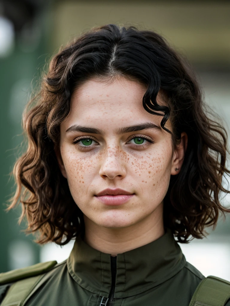 1womanl, curly and messy black hair, clear green eyes, freckles, Bullish, series, stark, no smile, Russian, soldier, automatic, aparência madura e series, call of duty