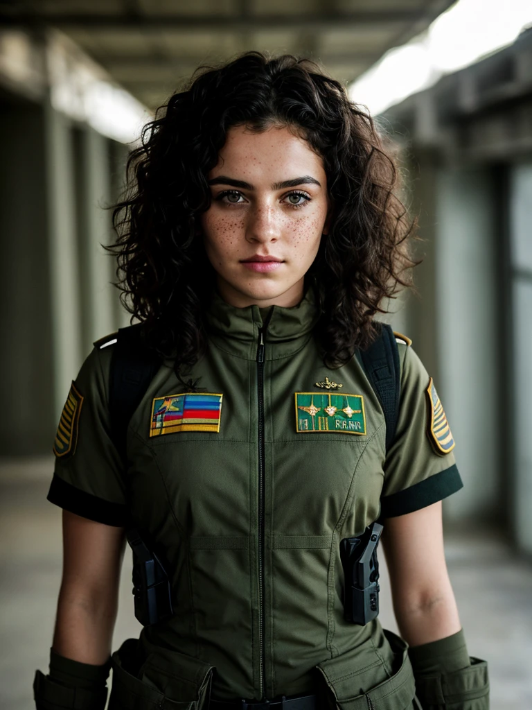 1womanl, curly and messy black hair, clear green eyes, freckles, Bullish, series, stark, no smile, Russian, soldier, automatic, aparência madura e series, call of duty