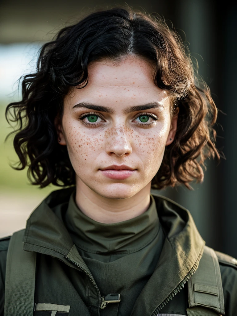 1womanl, curly and messy black hair, clear green eyes, freckles, Bullish, series, stark, no smile, Russian, soldier, automatic, aparência madura e series, call of duty