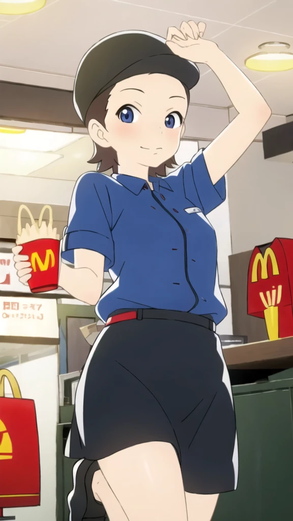 masterpiece, best quality, 独奏,1girl,looking at viewer,indoor,McDonaldâs,
McSumire,Black mini skirt、Put your hands inside your panties、Leg spread、A sultry expression