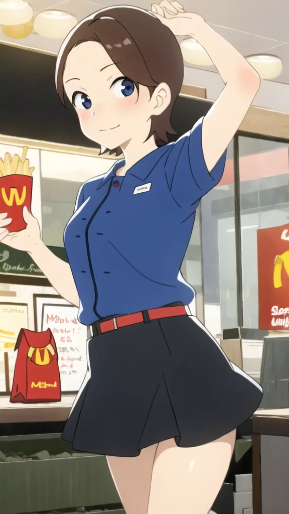masterpiece, best quality, solo,1girl,looking at viewer,indoor,McDonaldâs,
McSumire,Black mini skirt、Put your hands inside your panties、Leg spread、A sultry expression、Spreading her legs and showing her panties、Sticking out tongue、White panties、Bring your crotch closer to the camera、Larger breasts、The front of the shirt is open, exposing the chest、She lifts her skirt to show off her white panties