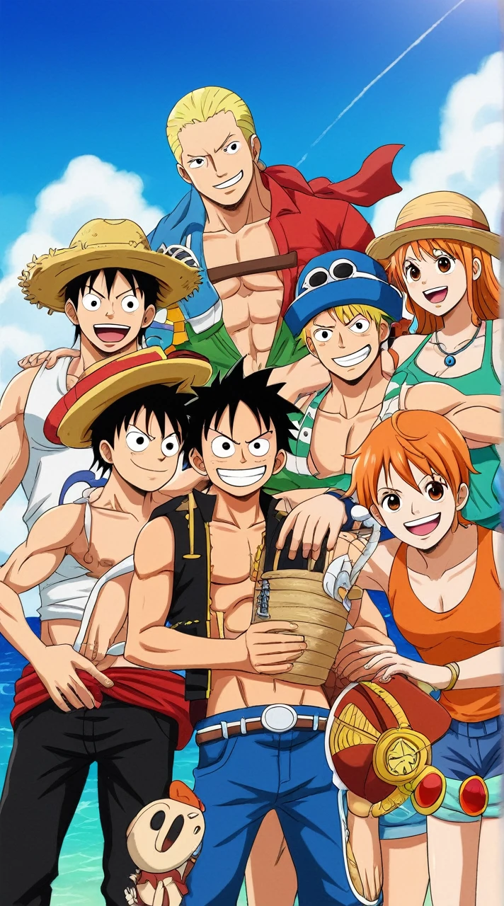 "An epic image that depicts all of the straw hat members of Luffy's Crew gathered together in a vibrant setting. Each hat has its own unique style and is positioned in a way to highlight the personality of each crew member. Luffy's hat, with the red band and straw mark, it is the central highlight, symbolizing leadership. The hats of the other members, such as Zoro, Nami, Usopp, Sanji, Chopper, Robin, Franky and Brook, are arranged around, each with a details that reflect their individual characteristics and abilities. The background is a dynamic seascape with blue sea and white clouds, evoking adventure and freedom. "