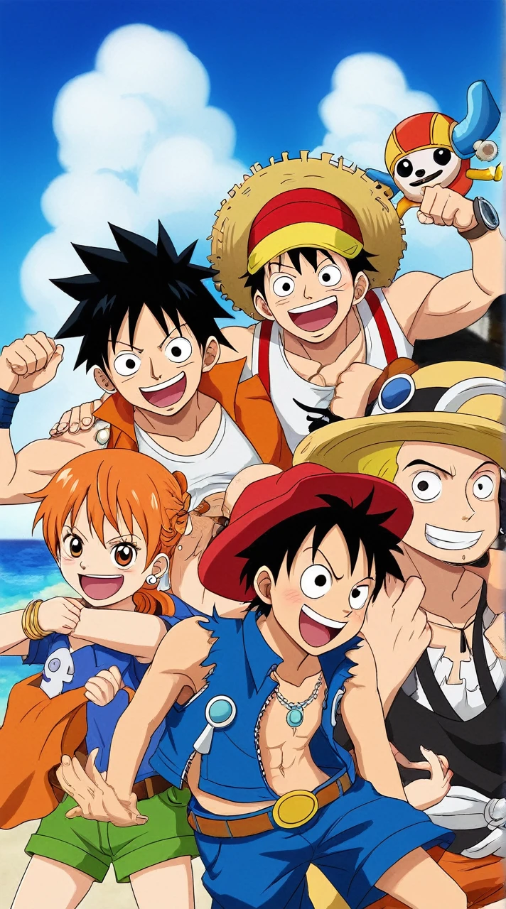 "An epic image that depicts all of the straw hat members of Luffy's Crew gathered together in a vibrant setting. Each hat has its own unique style and is positioned in a way to highlight the personality of each crew member. Luffy's hat, with the red band and straw mark, it is the central highlight, symbolizing leadership. The hats of the other members, such as Zoro, Nami, Usopp, Sanji, Chopper, Robin, Franky and Brook, are arranged around, each with a details that reflect their individual characteristics and abilities. The background is a dynamic seascape with blue sea and white clouds, evoking adventure and freedom. "