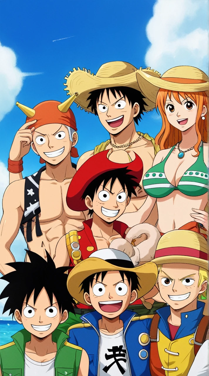 "An epic image that depicts all of the straw hat members of Luffy's Crew gathered together in a vibrant setting. Each hat has its own unique style and is positioned in a way to highlight the personality of each crew member. Luffy's hat, with the red band and straw mark, it is the central highlight, symbolizing leadership. The hats of the other members, such as Zoro, Nami, Usopp, Sanji, Chopper, Robin, Franky and Brook, are arranged around, each with a details that reflect their individual characteristics and abilities. The background is a dynamic seascape with blue sea and white clouds, evoking adventure and freedom. "