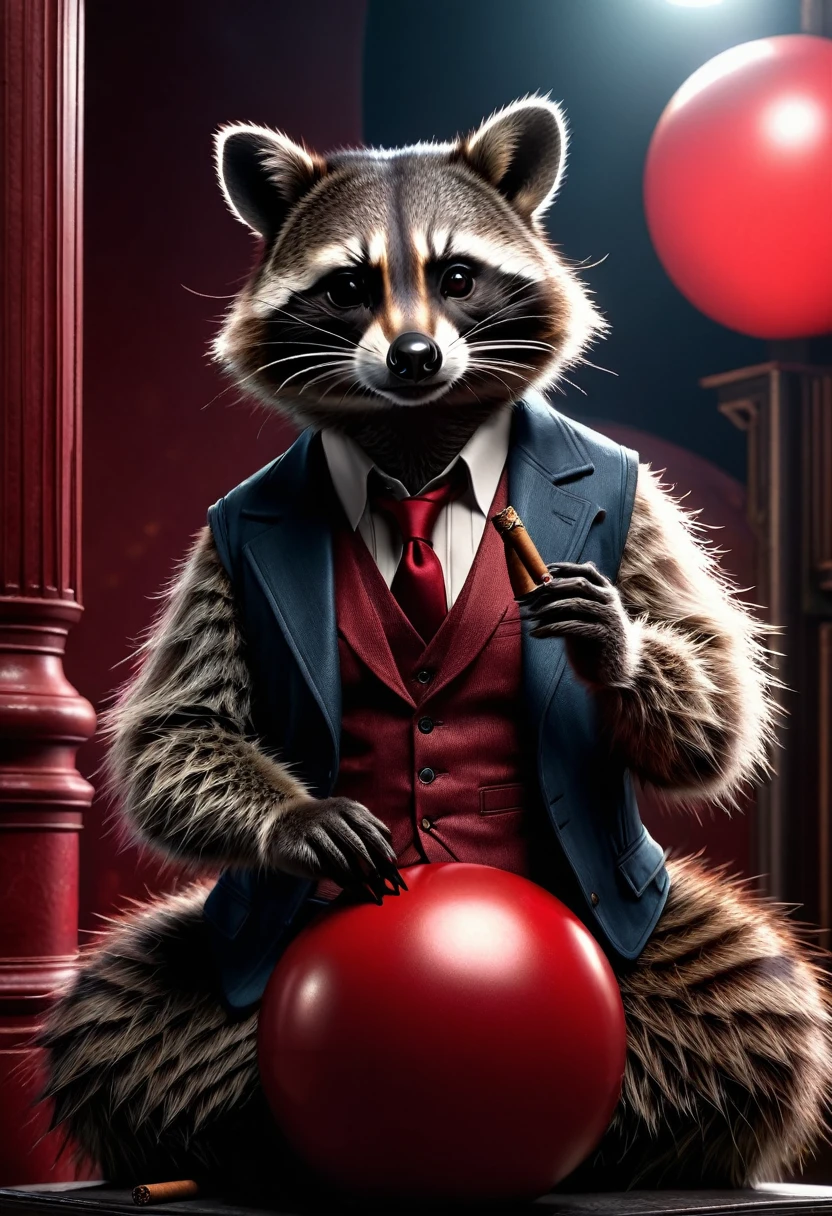 Raccoon with a cigar in his fingers that he is smoking, standing in his space leaning casually on a large red ball that is as big as hon, dark gloomy Resident Evil background, detailed realistic raccoon, detailed photorealistic raccoon, very detailed, 8k, hyperrealistic, Cinematic lighting, dramatic lighting, mood lighting, dark, intricate details, award-winning photography, stunning visual effects