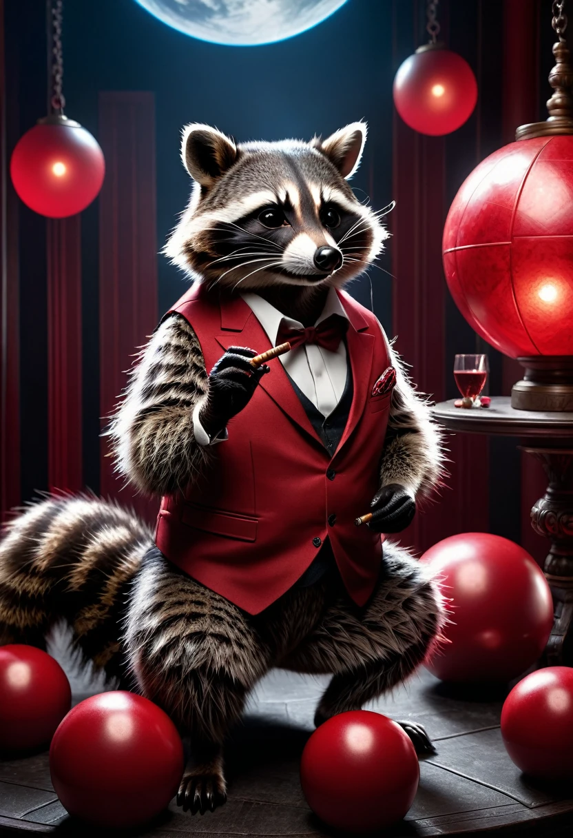 Raccoon with a cigar in his fingers that he is smoking, standing in his space leaning casually on a large red ball that is as big as hon, dark gloomy Resident Evil background, detailed realistic raccoon, detailed photorealistic raccoon, very detailed, 8k, hyperrealistic, Cinematic lighting, dramatic lighting, mood lighting, dark, intricate details, award-winning photography, stunning visual effects