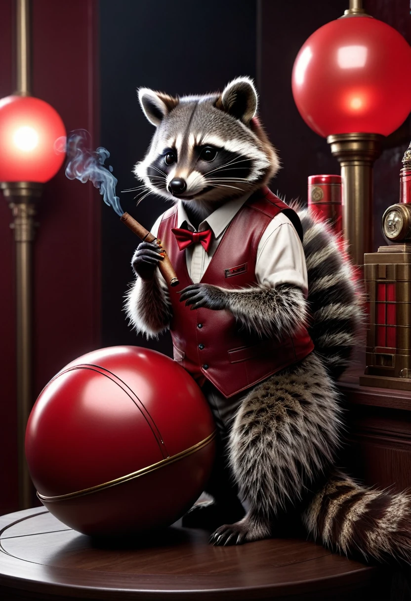 Raccoon with a cigar in his fingers that he is smoking, standing in his space leaning casually on a large red ball that is as big as hon, dark gloomy Resident Evil background, detailed realistic raccoon, detailed photorealistic raccoon, very detailed, 8k, hyperrealistic, Cinematic lighting, dramatic lighting, mood lighting, dark, intricate details, award-winning photography, stunning visual effects