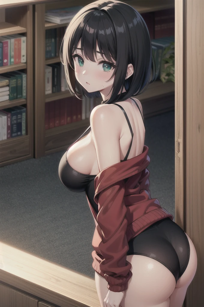 1womanl, 30 years old, fine panties, face perfect, perfects eyes, milf, mellow, biggest breasts, breasts big, Waist slender, Legs long, porn show, just, (Bottom with: bookcase) She has short black hair, getting up, sweating profusely, soaked body, seen from the front, slickedback hair, almost cloudy sky, (((work of art)), (very detailed Unity 8k CG wallpaper), best qualityer, cinematic lighting, detailed back ground, gorgeous eyes, eyes glowing green, ultra detali, work of art), facing the camera, (upper body image), high resolution, ultra detali), Revealing breasts, protuberance, sexyposture, camel toe, hurried complexion, facade, Red baseball jacket, high waist panties, V panties, whole body, high heel sandals