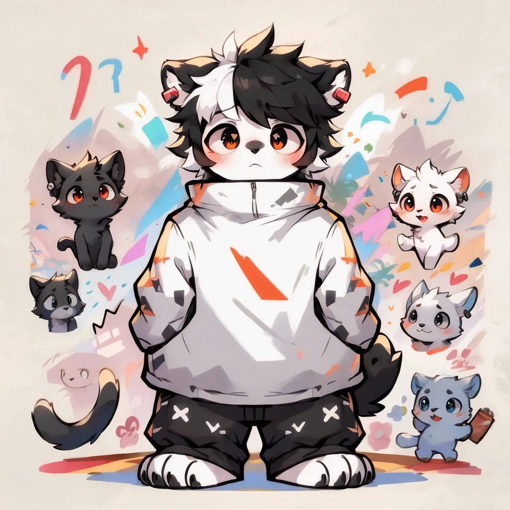 black Cat,hairy,furry,Colorful patterned white sweatshirt,Black casual trousers with white stripes,Q version,adorable,Simple art style,Cartoon-Stil,There is little love in the eyes,black pupils,White hair on the paws,Black hair on the ears, white hairs on the earplugs,black hair on the back,Black tail with white tip,side,dislike,qwq-face,sad,colorful graffiti background, only one character not multiple