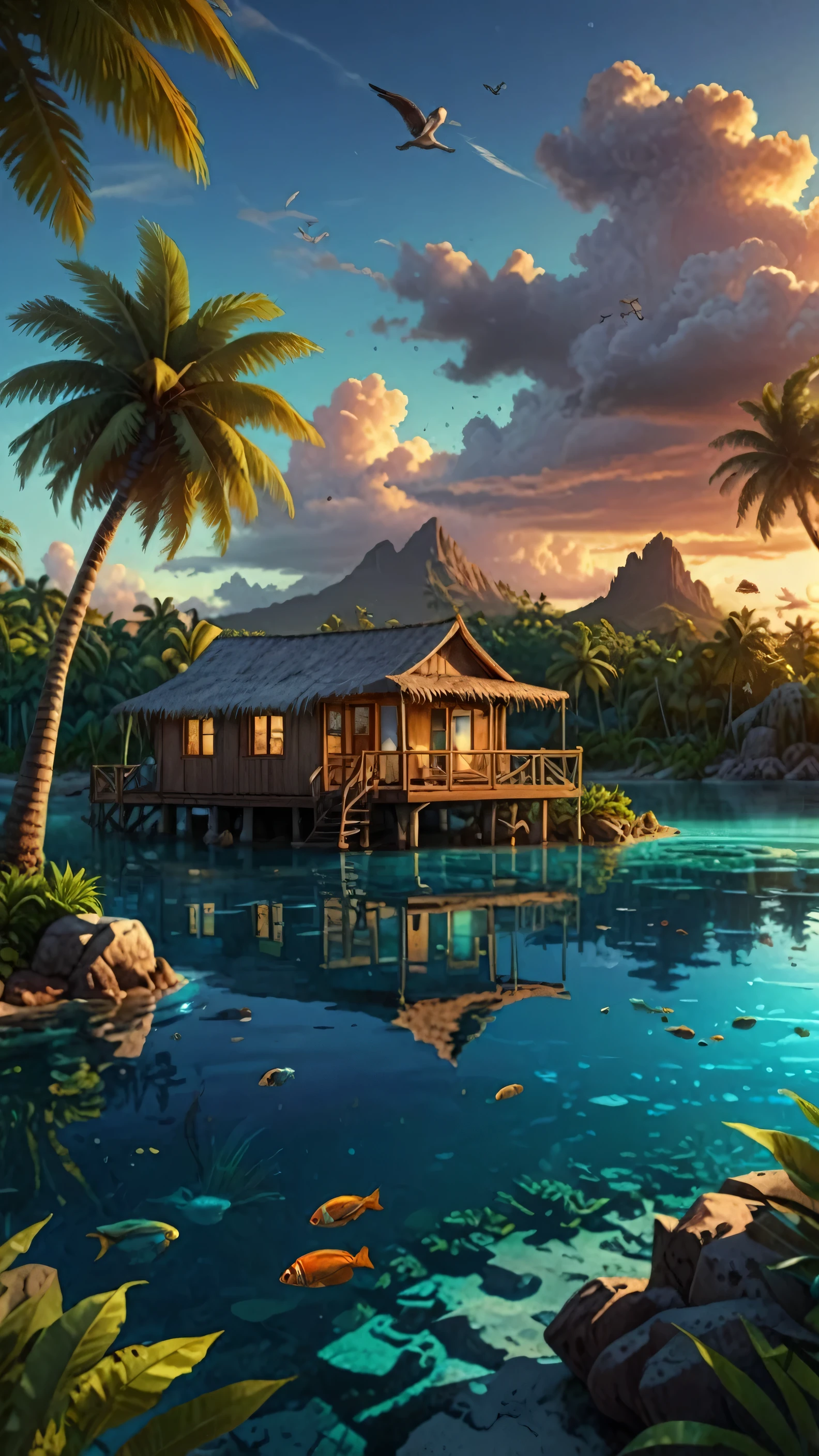 Tropical island with sparkling lagoon, (Wide-angle view:1.2), Beautiful composition, Ultra Sharp, Vivid, clear, True to reality, born, Genuine, Genuineistic, Extremely high resolution detail, Genuineism pushed to extreme, Fine texture, Incredibly realistic, hyperGenuineistic detailed image, Infinite Focus, clear and detailed throughout
