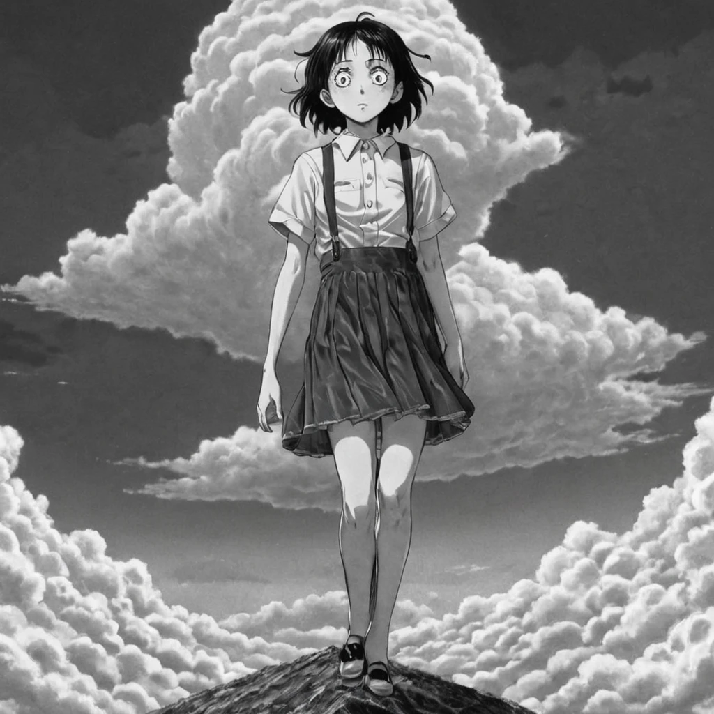 walking on clouds, (anime), bizarre scenario, Junji Ito, Yusuke Murata, black and white, 8k, anime, horror