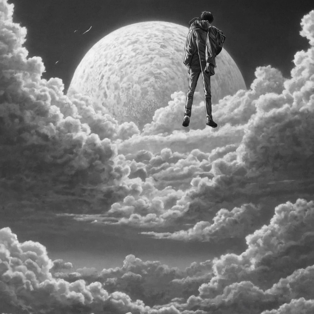 walking on clouds, (anime), bizarre scenario, Junji Ito, Yusuke Murata, black and white, 8k, anime, horror