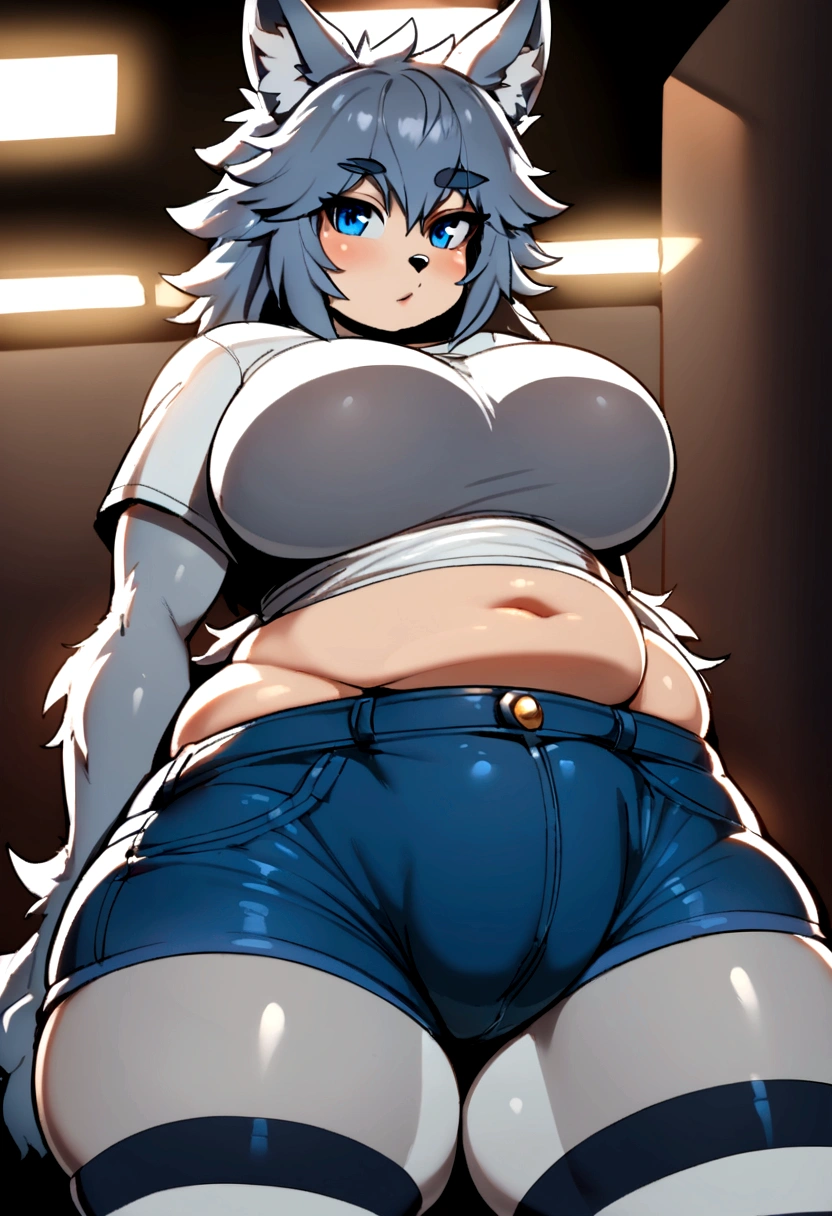 a anthro wolf boy with gray fur, blue eyes, feminine body type, thick thighs, plump hips, a plump rounded ass, wearing Jean shorts, wearing striped leggings, wearing a short t-shirt, bulge visible in shorts