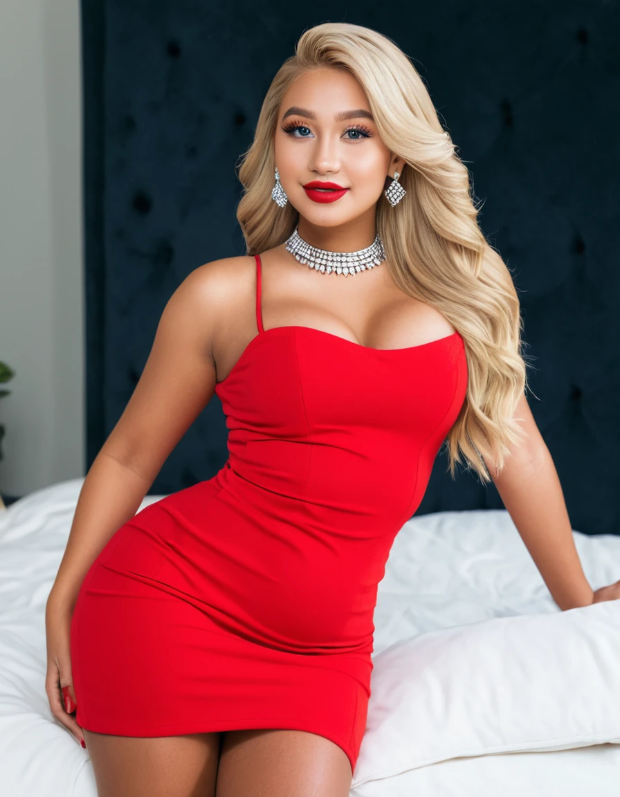 (best quality,4k,highres, highres face details), blonde long curvy hair, 18 years old, instagram model, 36DD fake breast, fake lashes, fake lips, dark makeup, perfect skin, dark tan skin, she is skinny, she is caucasian,she is wearing a very short sexy red dress, diamond belly piercing, gold necklace, diamond earring, diamond ring, whole body image, taking a pose, posing, no exposed breast, no exposed vagina, night time, cute smile