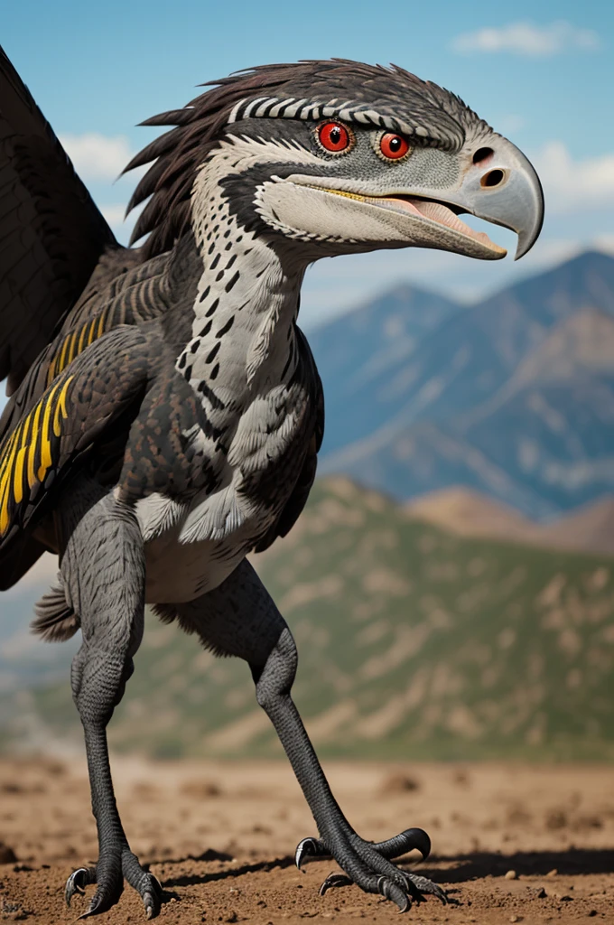 You can create a Utahraptor (dark gray color, with red eyes, a horizontal yellow stripe with darker feathers that only appear on the head and the tip of the tail); that is running from an angle in front with a dirt background and brown spots in the background